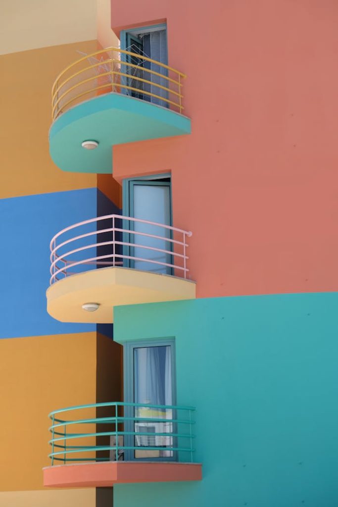 Bright colorful building with modern balconies in Portugals vibrant architecture.